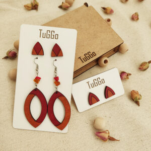 Sitrin Taşlı Oval Ahşap Küpe - Sallantılı Küpe - Boho Turuncu-Kırmızı veya Siyah-Doğal Küpe - 3'lü Set