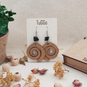 Obsidyen Taşlı Spiral Ahşap Küpeler - Sallantılı Küpeler - Boho Düzensiz Geometrik Şekil Küpeler