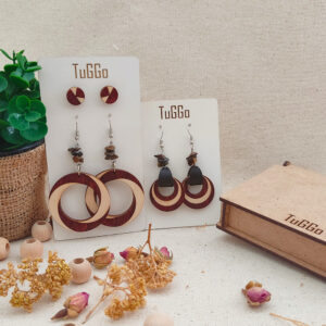 Kaplan Gözü Taşlı ve Deri Spiral Daire Ahşap Küpe - Sallantılı Küpe - Boho Kahverengi ve Doğal Küpe - 3'lü Set