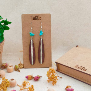 Turkuaz Ahşap Küpeli - Sallantılı Küpeli - Boho Kahverengi - Uzun Oval Damla Küpe