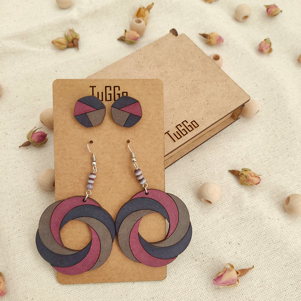 Boncuklu Spiral Daire Ahşap Küpe - Sallantılı Küpe - Boho Lacivert  Mor ve Gri Küpe - 2'li Set