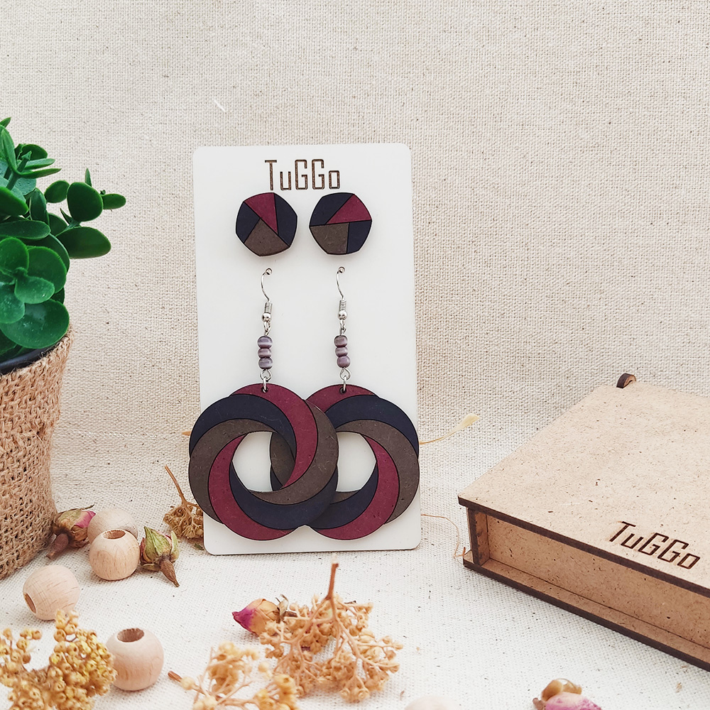 Boncuklu Spiral Daire Ahşap Küpe - Sallantılı Küpe - Boho Lacivert  Mor ve Gri Küpe - 2'li Set - Görsel 2