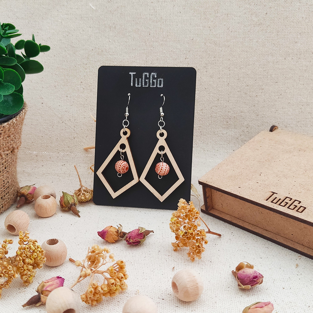 Boho Boncuklu Kare Ahşap Küpeler - Sallantılı Küpeler - Deltoid Boho Küpeler