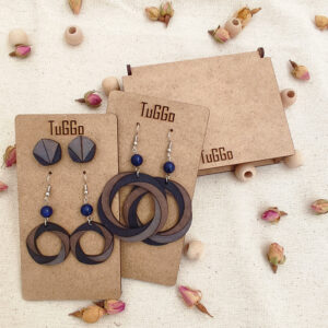 Spiral Daire Ahşap Küpe Boncuk - Sallantılı Küpe - Boho Lacivert ve Gri Küpe - 3'lü Set
