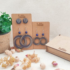 Spiral Daire Ahşap Küpe Boncuk - Sallantılı Küpe - Boho Lacivert ve Gri Küpe - 3'lü Set