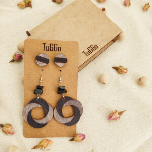 Obsidyen Taşlı Spiral Daire Ahşap Küpe - Sallantılı Küpe - Boho Siyah-Gri veya Yeşil-Kahverengi Küpe - 2'li Set