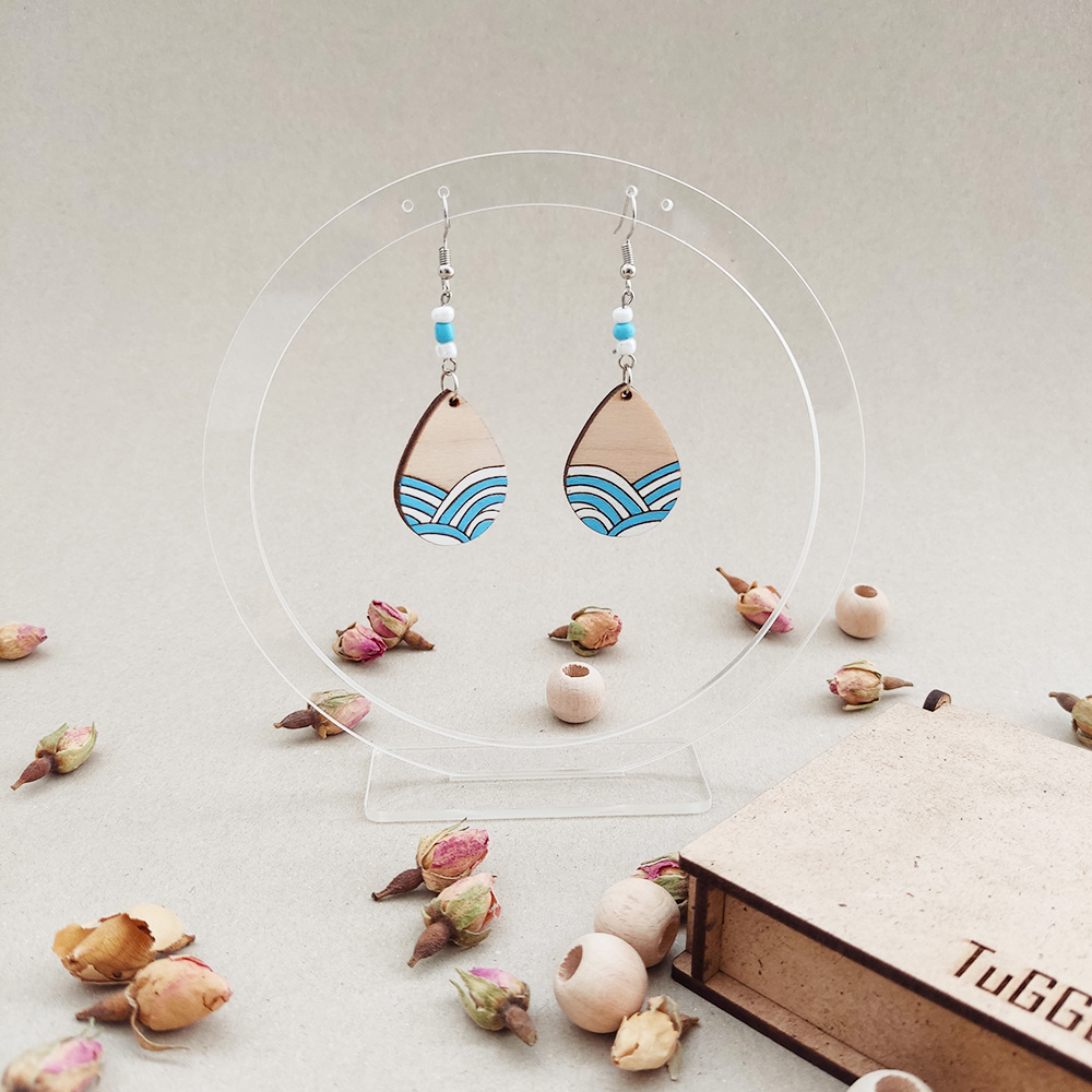 Boncuklu Dalgalı Damla Ahşap Küpe - Sallantılı Küpe - Boho Mavi - Beyaz veya Siyah - Beyaz Küpe - Görsel 6