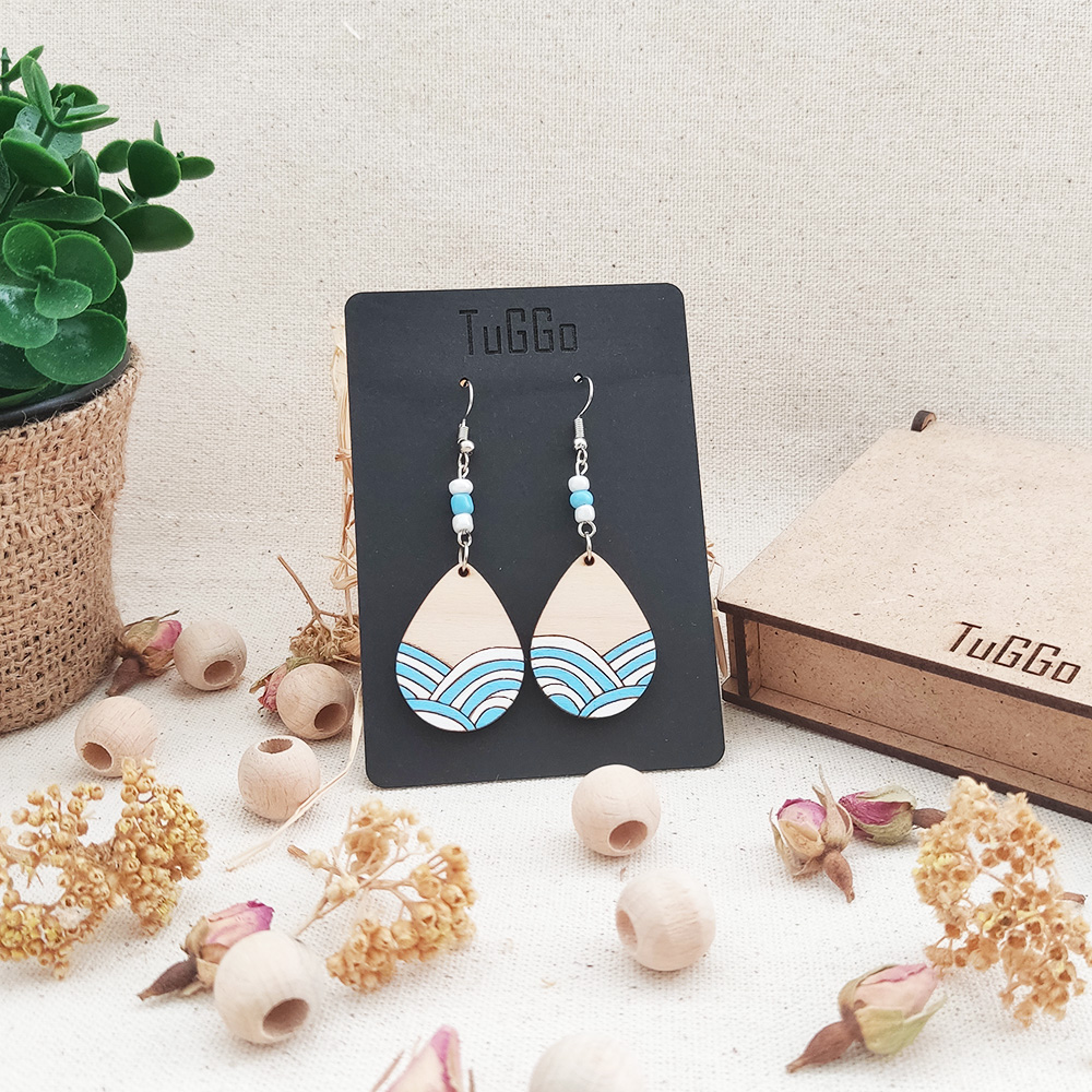 Boncuklu Dalgalı Damla Ahşap Küpe - Sallantılı Küpe - Boho Mavi - Beyaz veya Siyah - Beyaz Küpe - Görsel 4