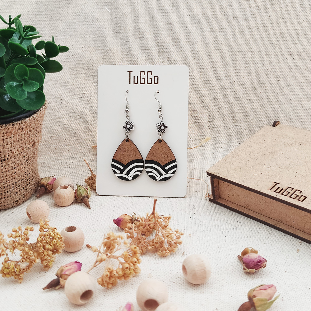 Boncuklu Dalgalı Damla Ahşap Küpe - Sallantılı Küpe - Boho Mavi - Beyaz veya Siyah - Beyaz Küpe - Görsel 3