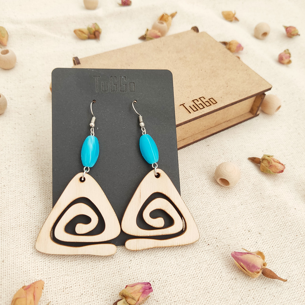 Boncuklu Spiral Üçgen Ahşap Küpe - Sallantılı Küpe - Boho Mavi Küpe - Görsel 2