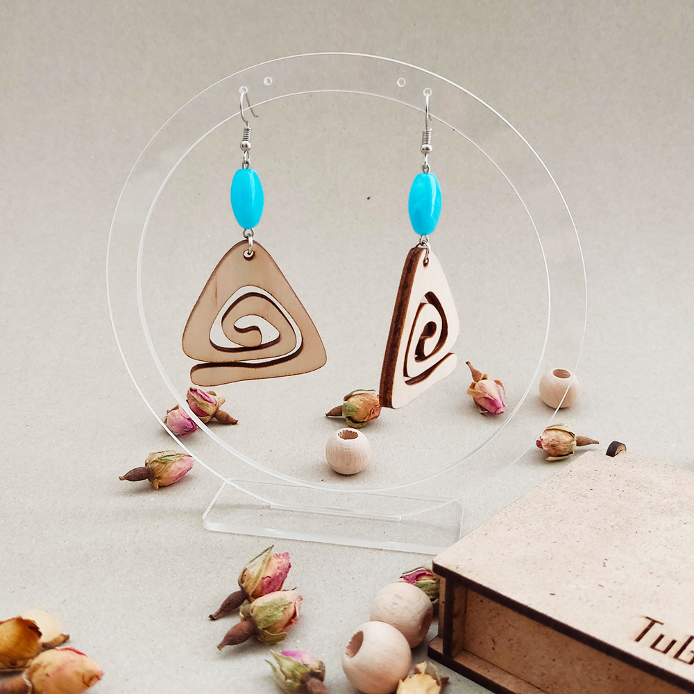 Boncuklu Spiral Üçgen Ahşap Küpe - Sallantılı Küpe - Boho Mavi Küpe - Görsel 3