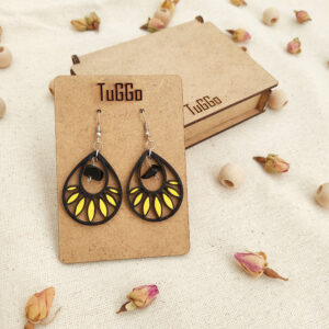 Obsidyen Taşlı Damla Ahşap Küpeler, Sallantılı Küpeler, Boho Siyah & Sarı Küpeler, Çiçek Şekli