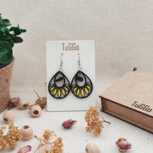 Obsidyen Taşlı Damla Ahşap Küpeler, Sallantılı Küpeler, Boho Siyah & Sarı Küpeler, Çiçek Şekli