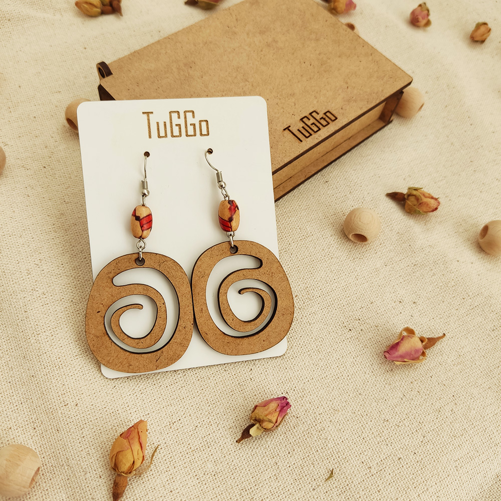 Boncuklu Spiral Ahşap Küpeler - Sallantılı Küpeler - Boho Düzensiz Şekil Küpeler