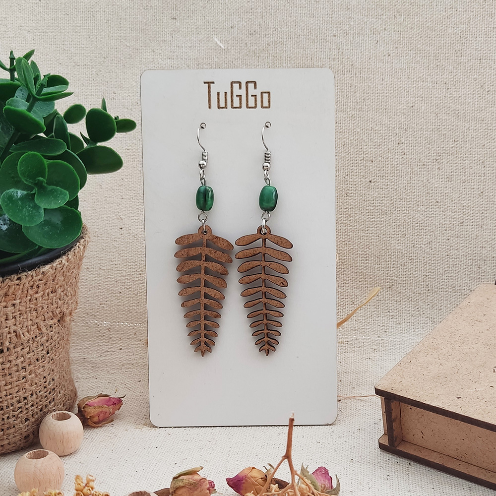 Ahşap Boncuklu Yapraklı Ahşap Küpeler - Sallantılı Küpeler  Çeşitleri Olan Boho Yeşil Küpeler - Görsel 5